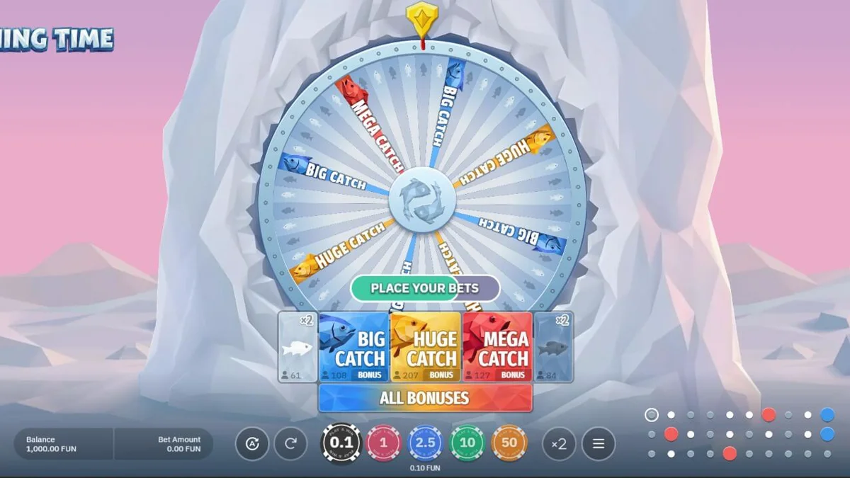 Roda de jogo do slot Fishing Time com tema de inverno nórdico