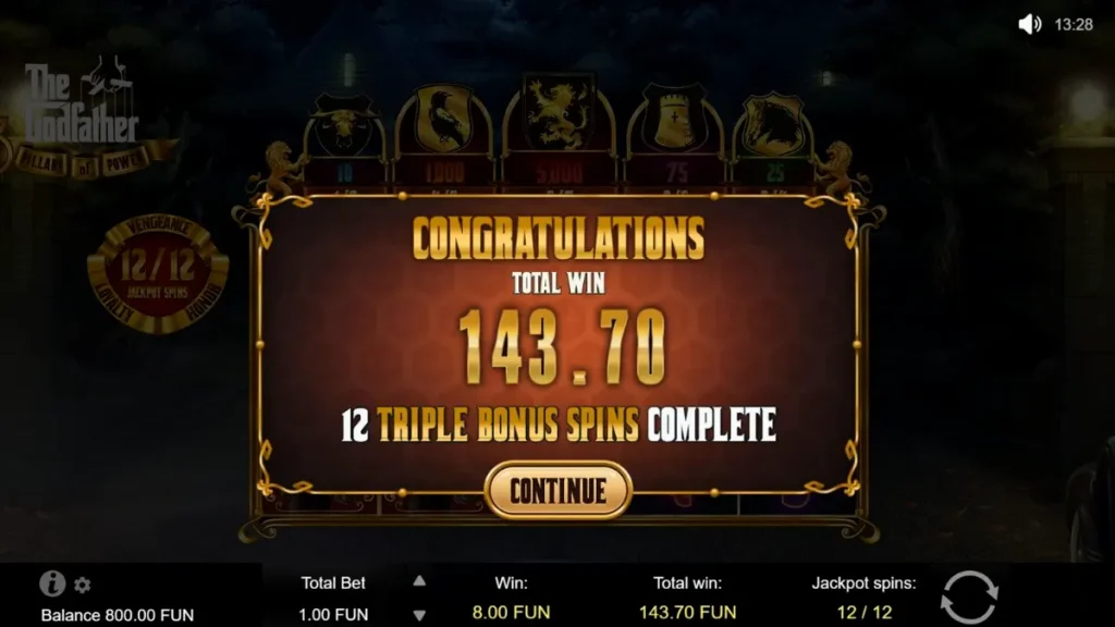 Interface do slot The Godfather: 3 Pillars of Power com temática de máfia