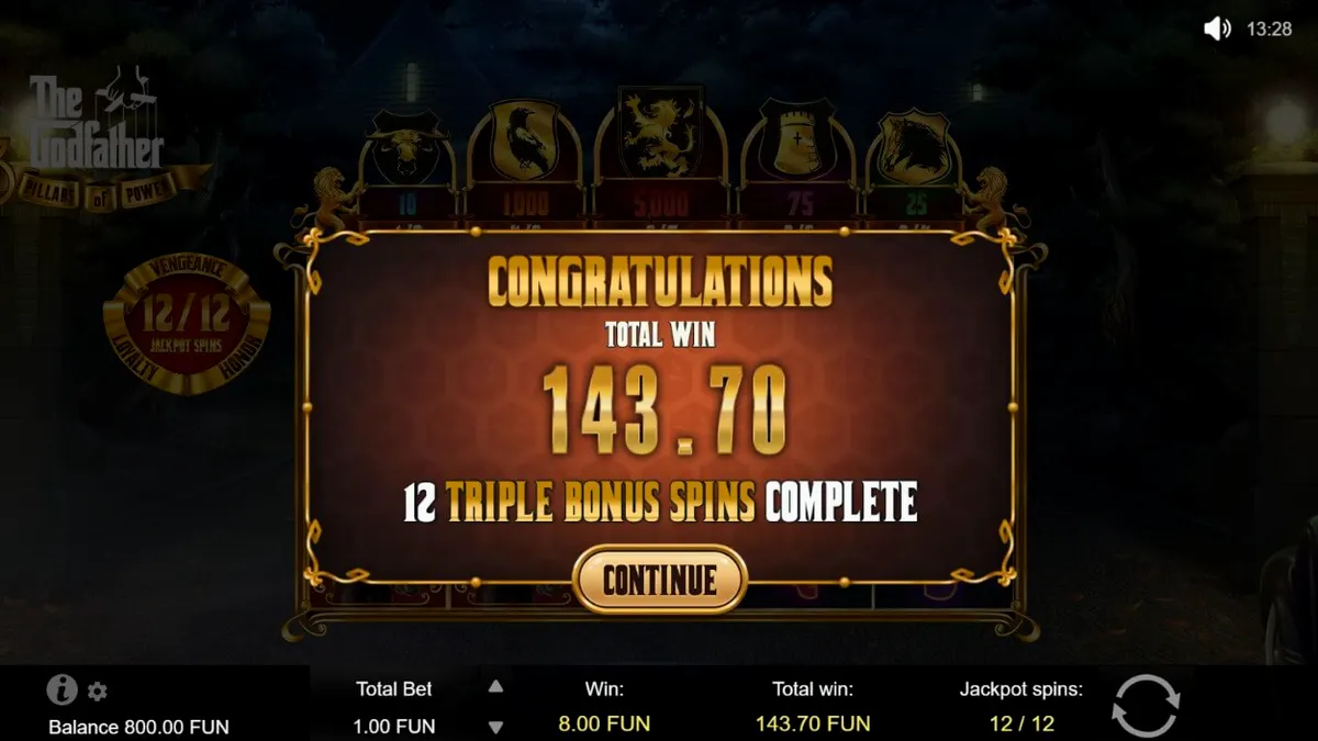 Interface do slot The Godfather: 3 Pillars of Power com temática de máfia